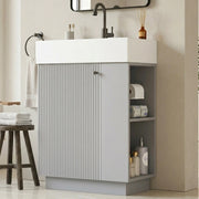 Mobile sotto lavabo 55 cm con lavabo in ceramica, porta carta igienica removibile, finitura grigio MDF, soft-close