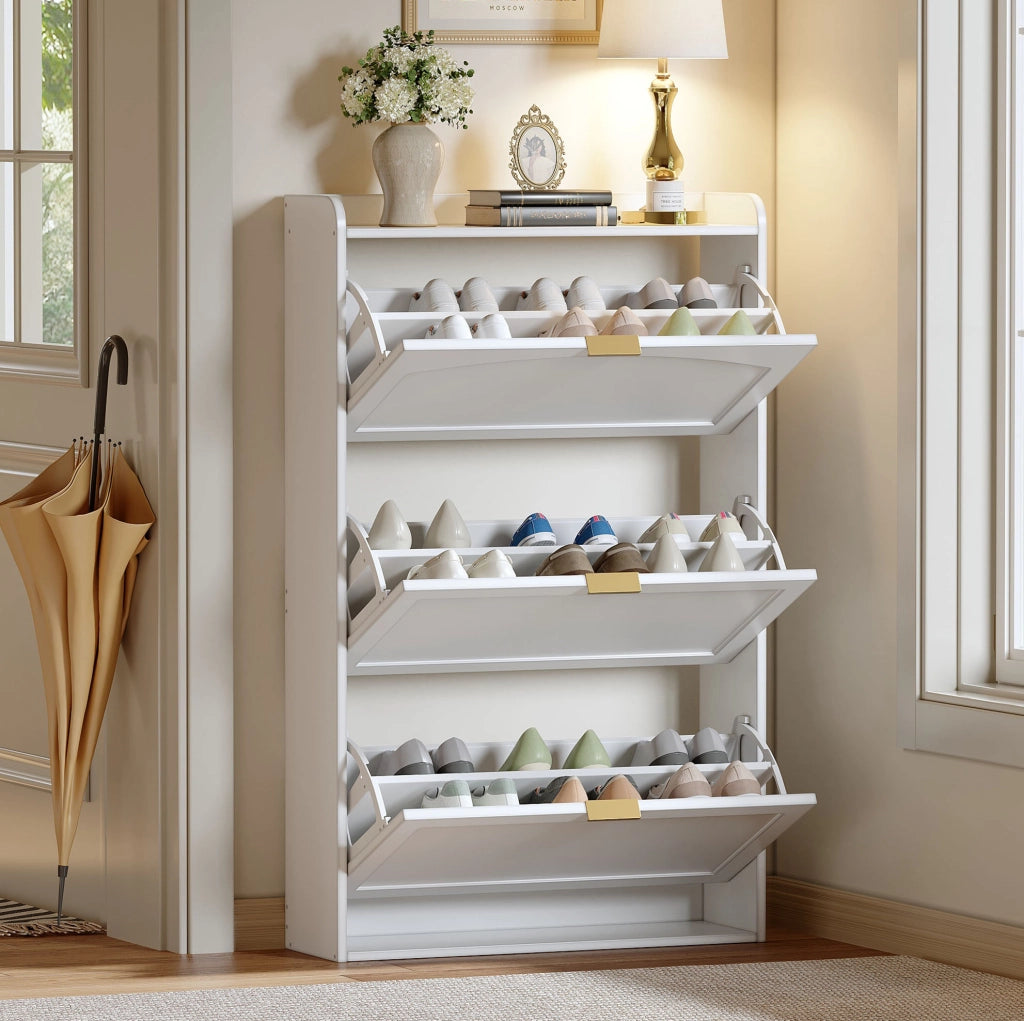 Mobile porta scarpe stretto a 3 livelli 76x23x118 cm in pannello truciolare bianco