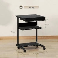 Scrivania PC con Cassetto Scorrevole, 2 Ripiani e 4 Rotelle, in Legno e Metallo, 56x51x79 cm, Nero
