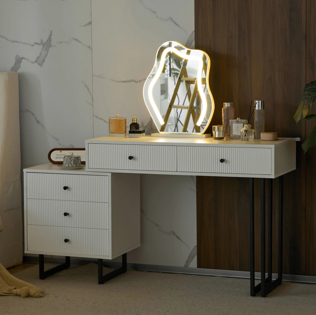 Toeletta con specchio LED dimmerabile, 5 cassetti e piano da 100 x 40 cm