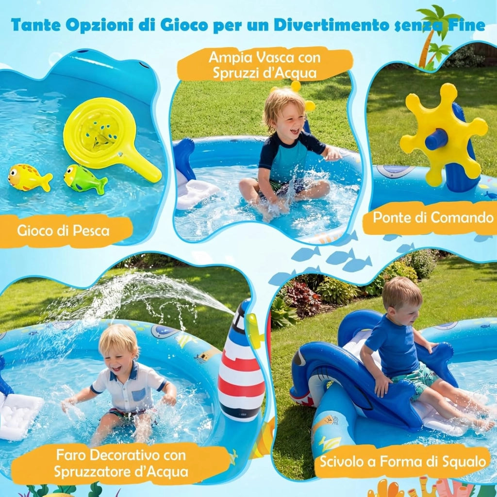 Piscina Gonfiabile per Bambini, Piscinetta Fuori Terra a Tema Marino con Spruzzo, Scivolo e 2 Pesciolini Giocattolo, Parco Gioco Acquatico Esterno per Giardino e Cortile, per Bambini 2-6 Anni