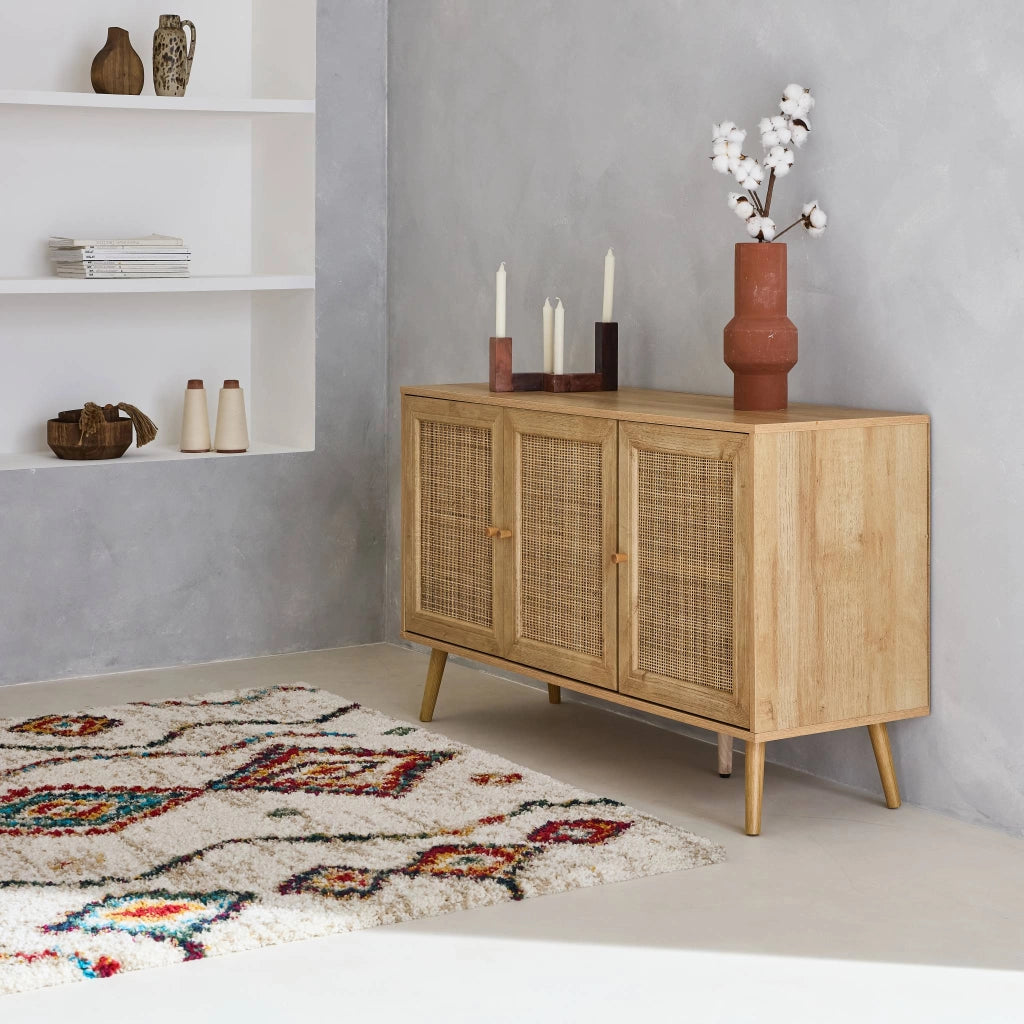 Tappeto shaggy per interni, stile berbero, crema e multicolore