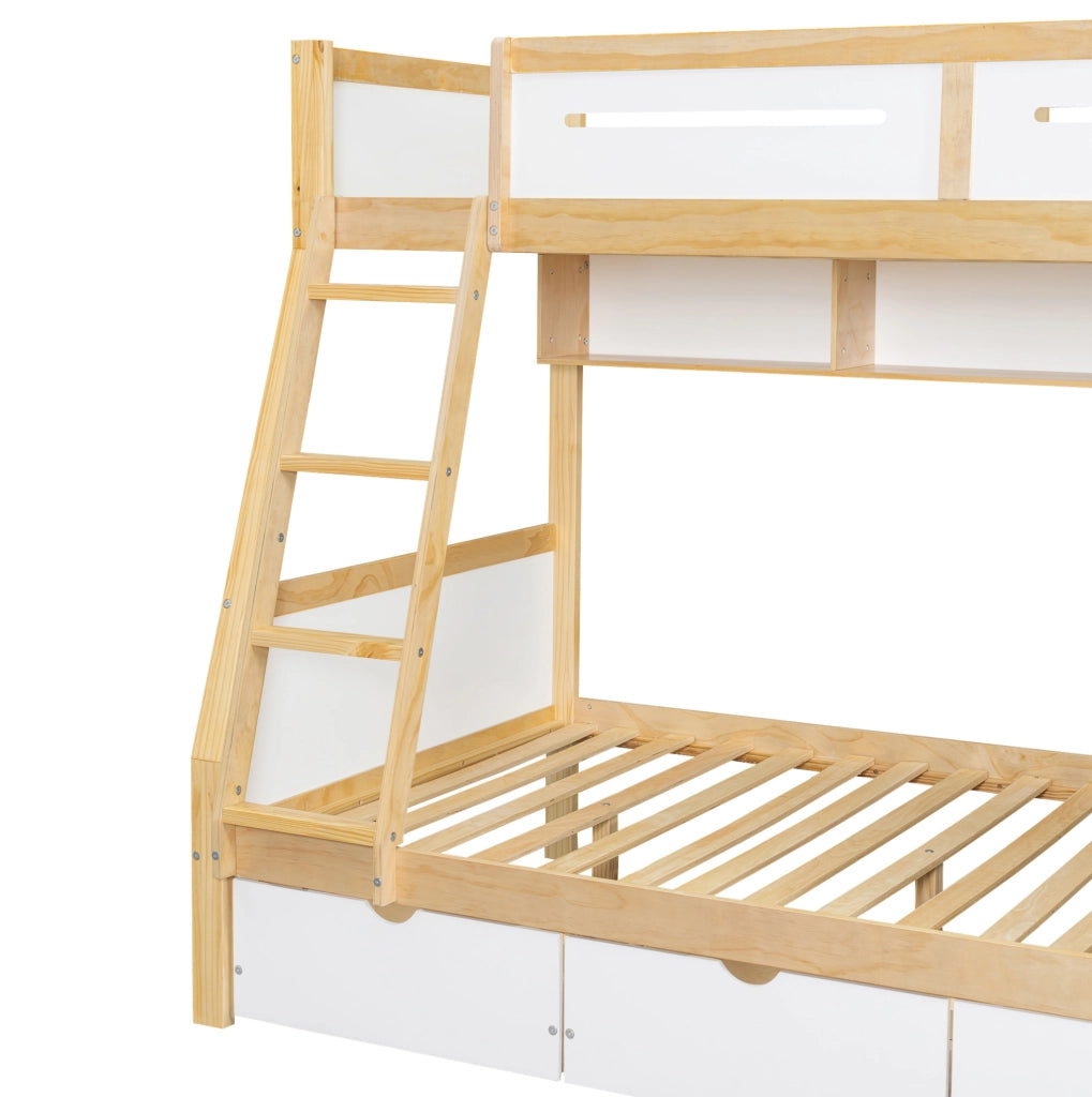 Letto a castello bambini 90x200 cm e 120x200 cm con cassetti e libreria in legno; MDF e compensato bianco e naturale