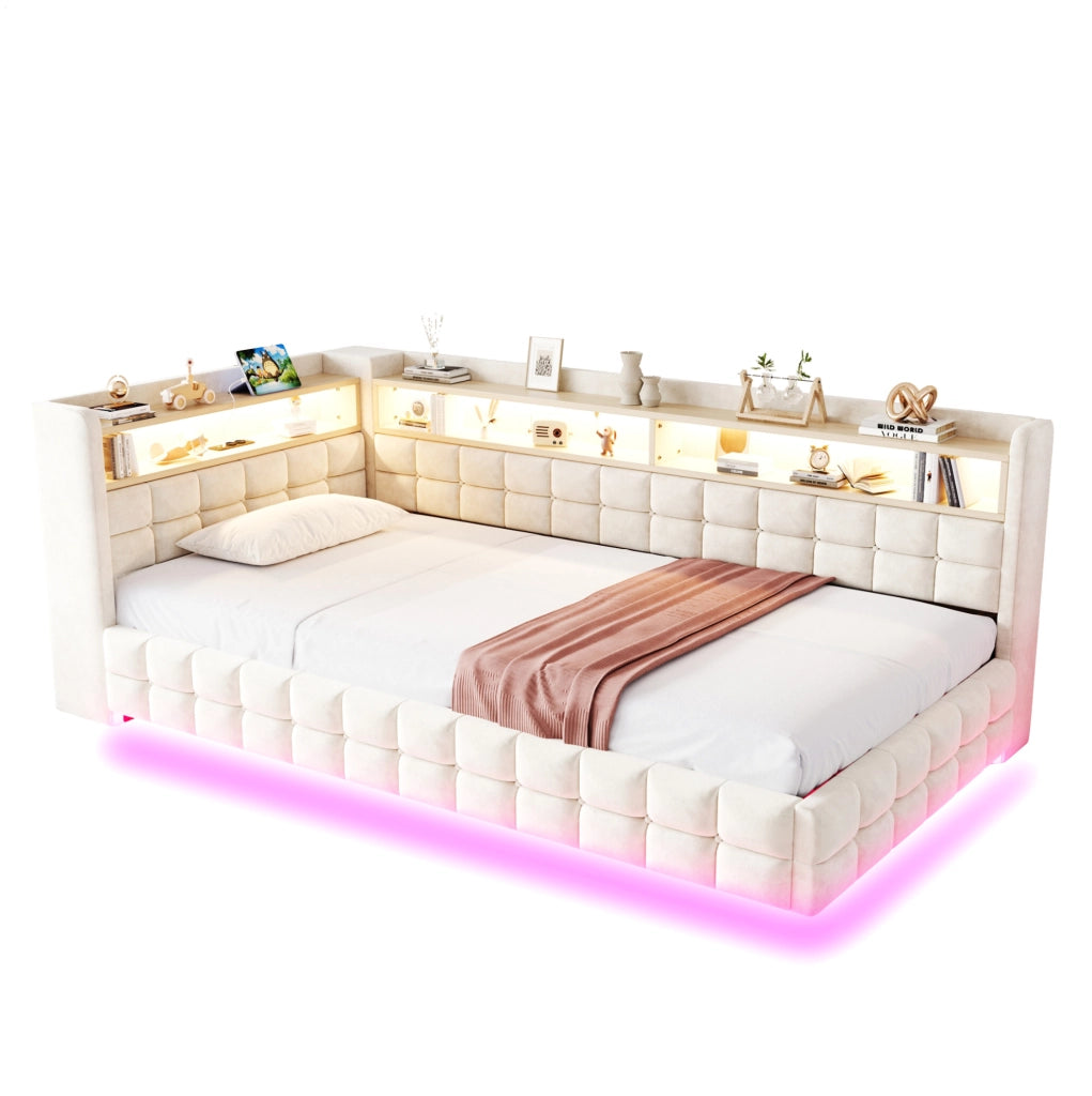Divano letto imbottito 90x200 cm in velluto beige con contenitore; LED e USB