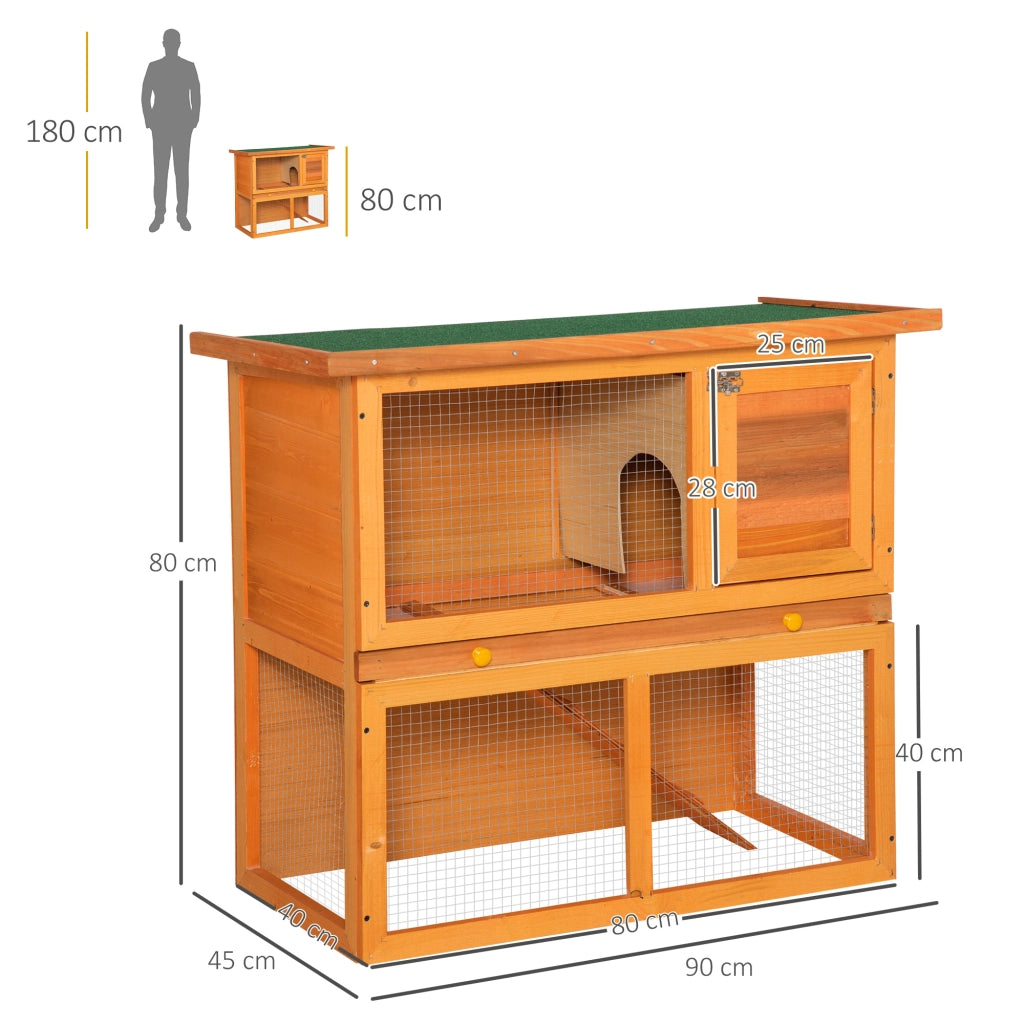 EasyComfort Gabbia per Conigli a Due Piani, Conigliera da Esterno con Casetta per Conigli in Legno di Abete, 90x45x80 cm