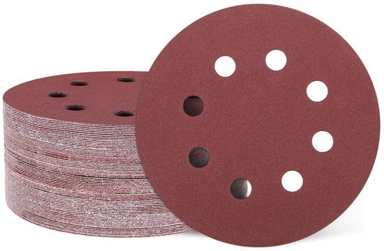 Schuurschijven 125 mm - 50 pezzi - Corrugatura 180 - Adesivo - Ossidiana d'aluminium duraturo - Rasoio a uncino e lustrino - Carta abrasiva