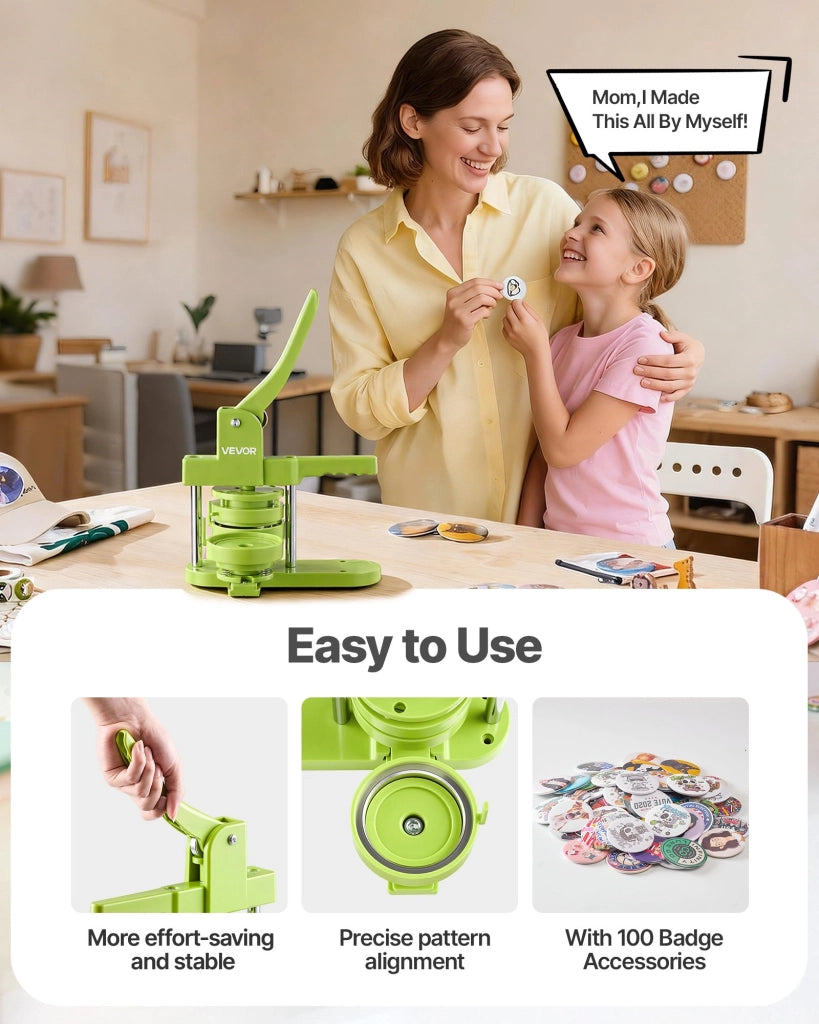 Macchina per spille 75 mm DC-108 in ABS e PP verde, pressa manuale per fai da te con 100 accessori, ergonomica e pratica