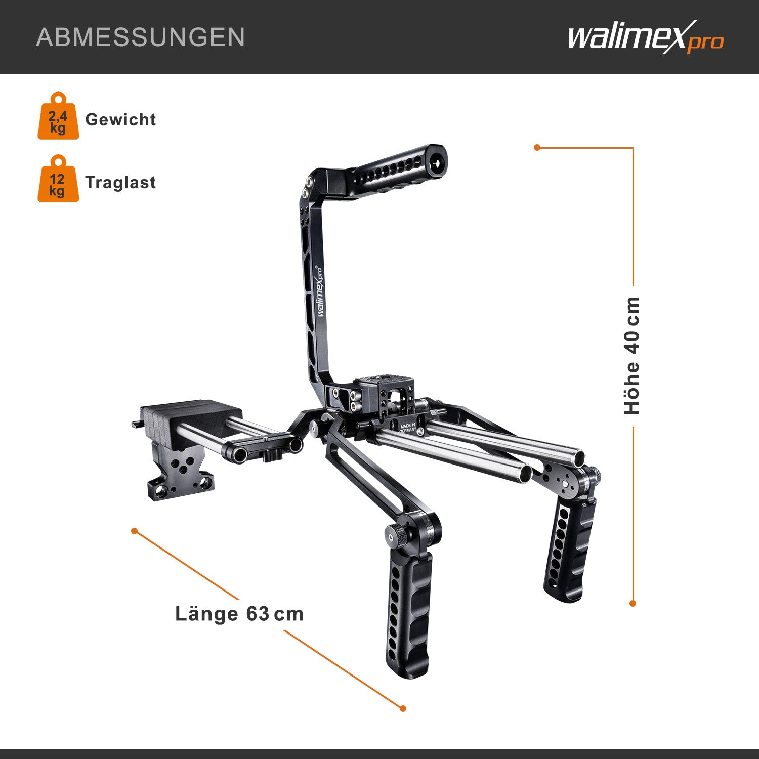 Camera rig modulare Mutabilis per setup fotografia professionale - in alluminio aeronautico - incl. spallacci, maniglia superiore, base e accessori - cage per corpo macchina
