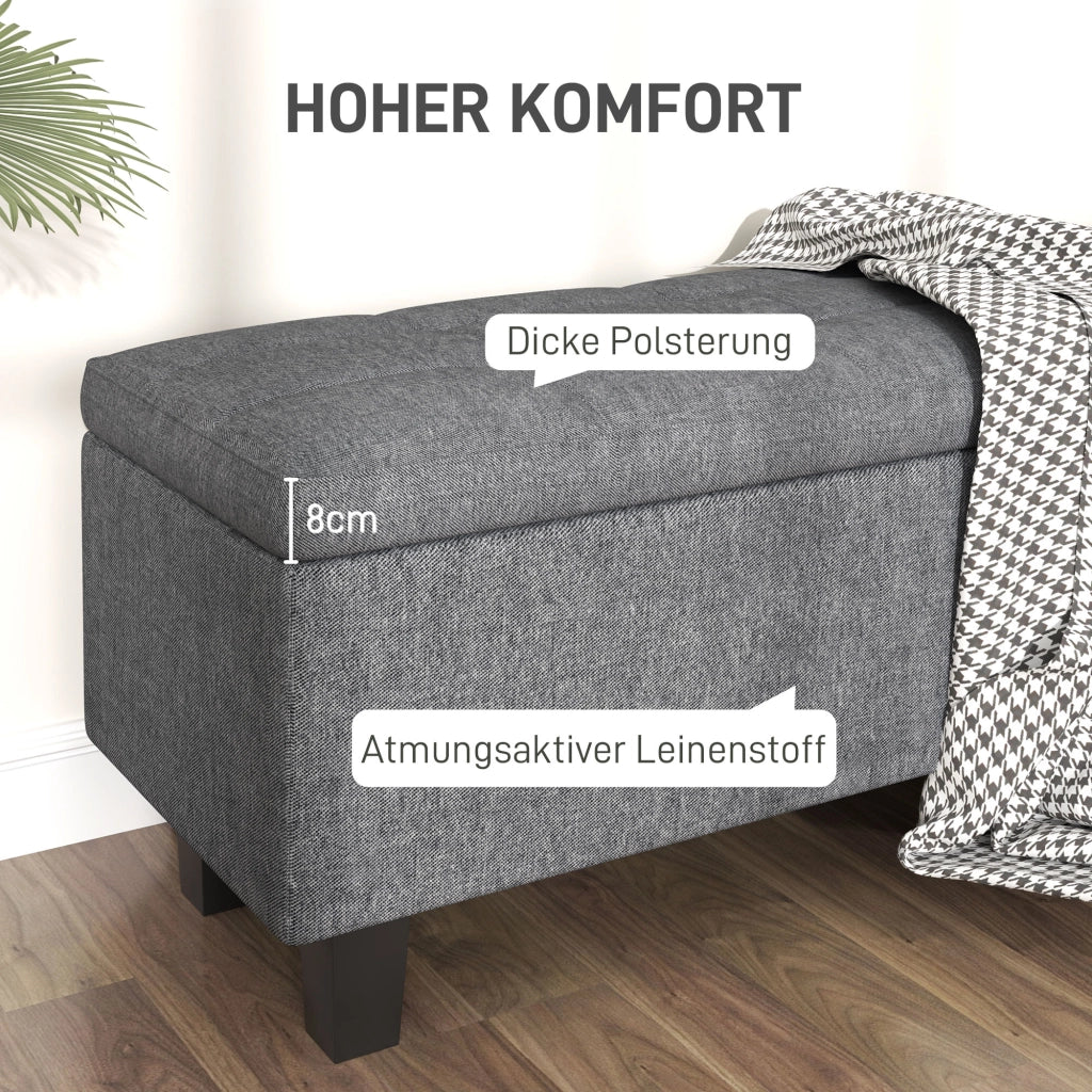 Panca contenitore imbottita con seduta confortevole e piedini in legno di caucciù in lino grigio scuro 138 × 40 × 45 cm