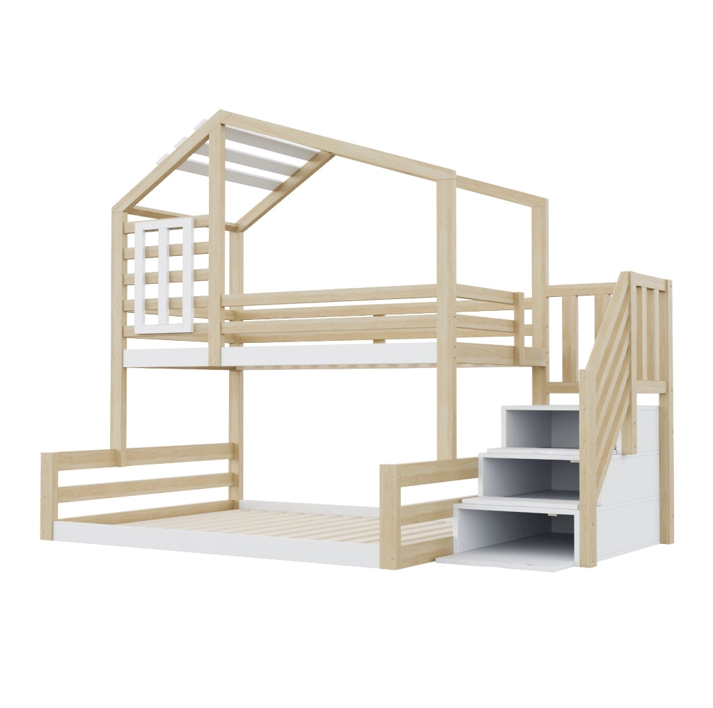 Letto a castello con scala contenitore e finestra 90x200/140x200 cm legno di pino e MDF naturale