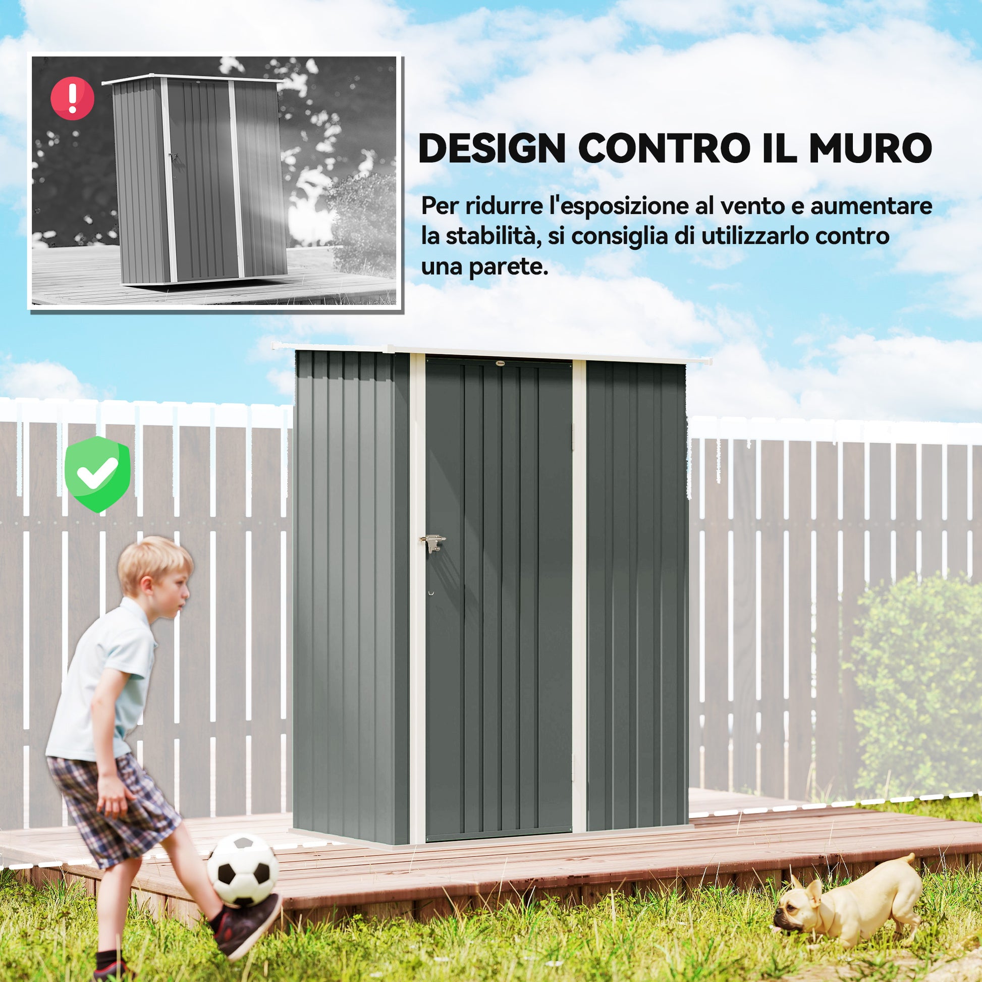 Capanno Porta Attrezzi 142x86x189 cm con Tetto Inclinato e Porta Bloccabile in Metallo Grigio Chiaro