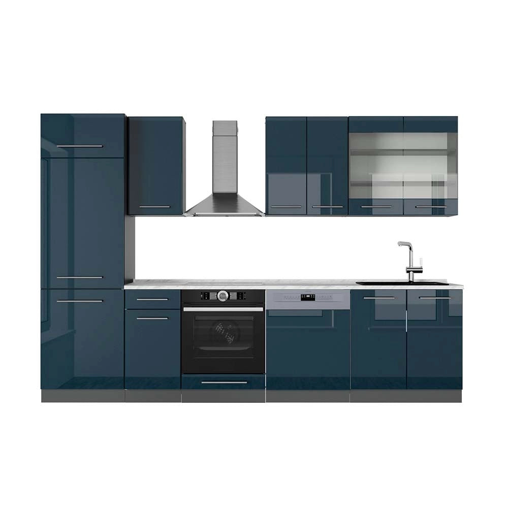 Cucina componibile Fame-Line Blu scuro lucido/Antracite 300 cm, PL Marmo Vicco