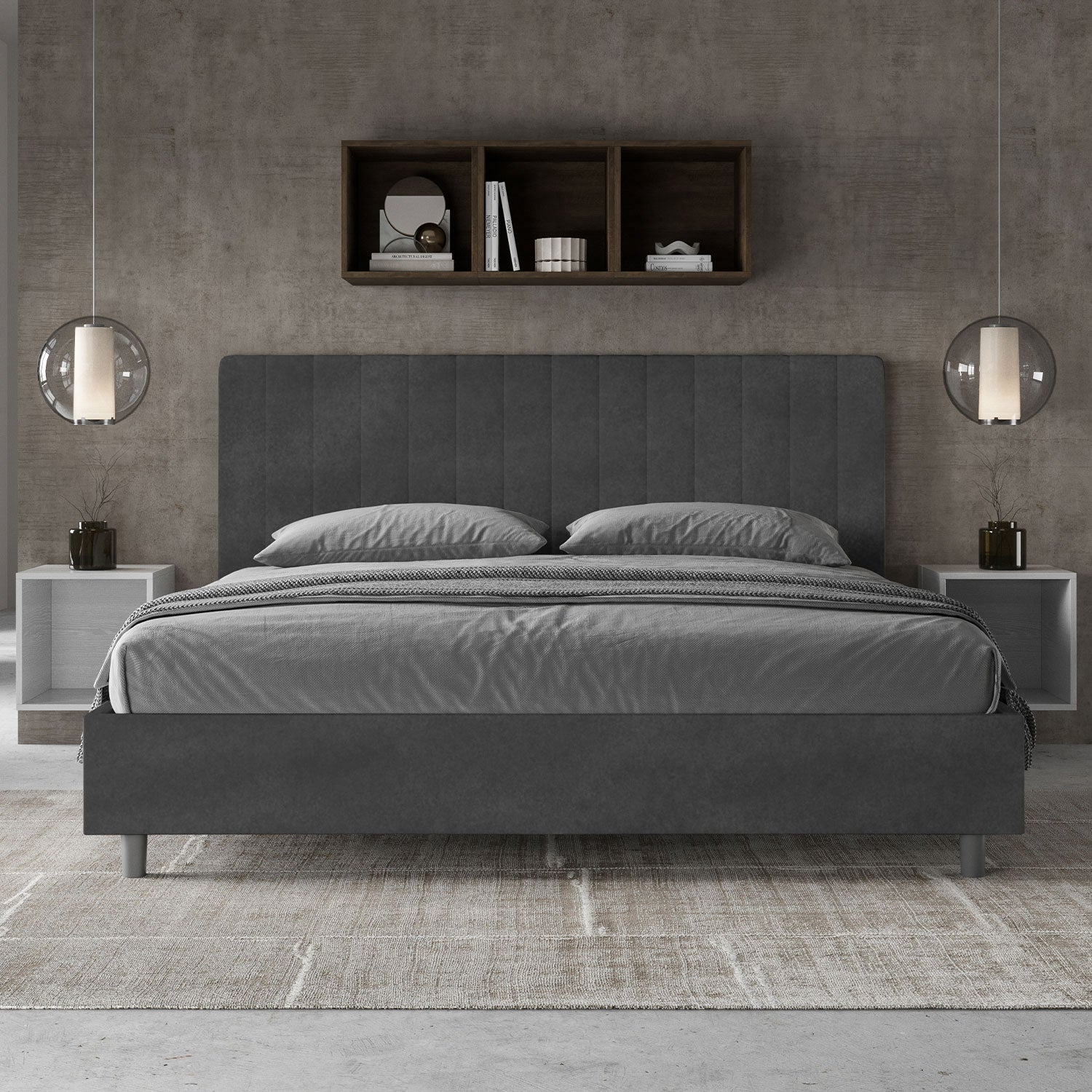 Letto Matrimoniale King Size 200x210 cm con Rete e Contenitore Imbottito in Microfibra Agueda Grigio