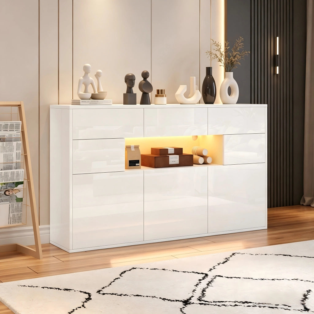 CREDENZA 140 x 30 x 82 cm bianco lucido in MDF con LED, 3 cassetti e 5 ante