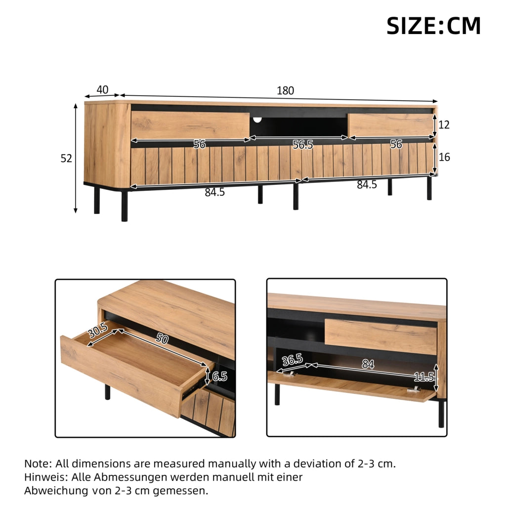 Mobile TV 180x40x52 cm con 2 cassetti; 2 ante a ribalta; MDF; nero e naturale