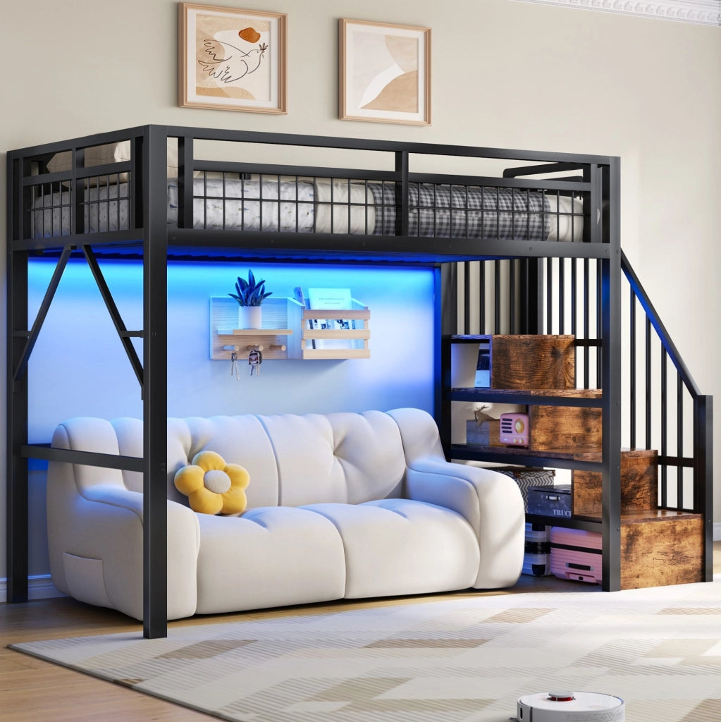 Letto a soppalco 90x200 cm in metallo e MDF con LED controllabile da app e scale con contenitore; nero