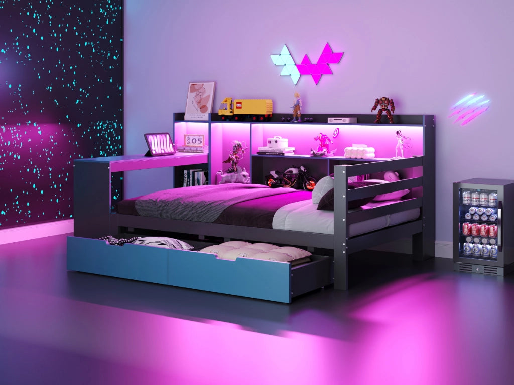 Divano letto in legno 90 x 200 cm nero+blu scrivania libreria deposito LED prese e cassetti multifunzionali