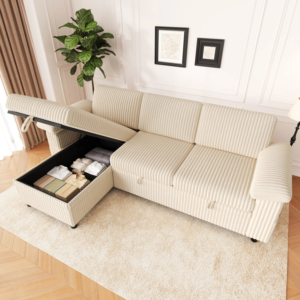 Divano angolare a L con letto estraibile e chaise longue reversibile; beige