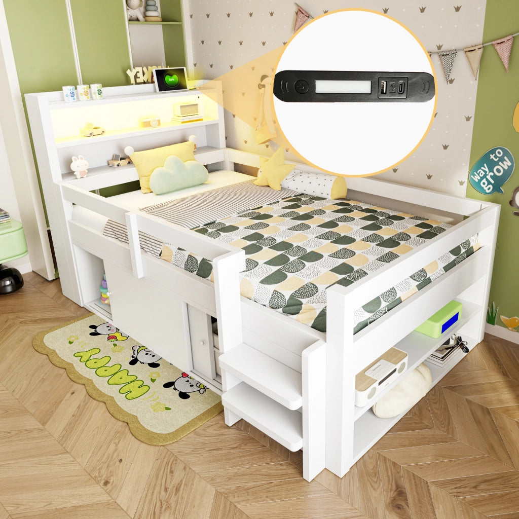 Letto a soppalco per bambini 90×200 cm con ripiani; vani contenitore; LED; USB; senza materasso