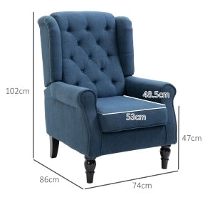 Poltrona ad orecchioni imbottita blu con schienale alto e gambe in legno
