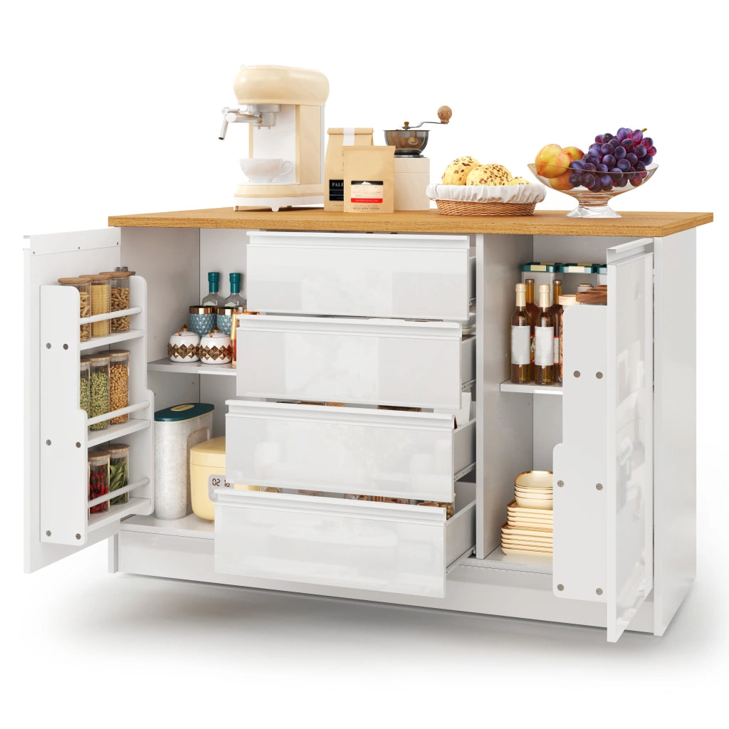 Isola Cucina con Piano Allungabile ¨C MINIMAL ¨C Bianco, 4 Cassetti, 2 Ante, 140 cm