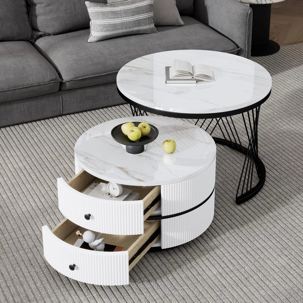Set 2 Tavolini da Caff¨¨ Rotondi ¨C MINIMAL ¨C Bianco Lucido Effetto Marmo, 2 Cassetti, 60x60x46 e 50x50x31