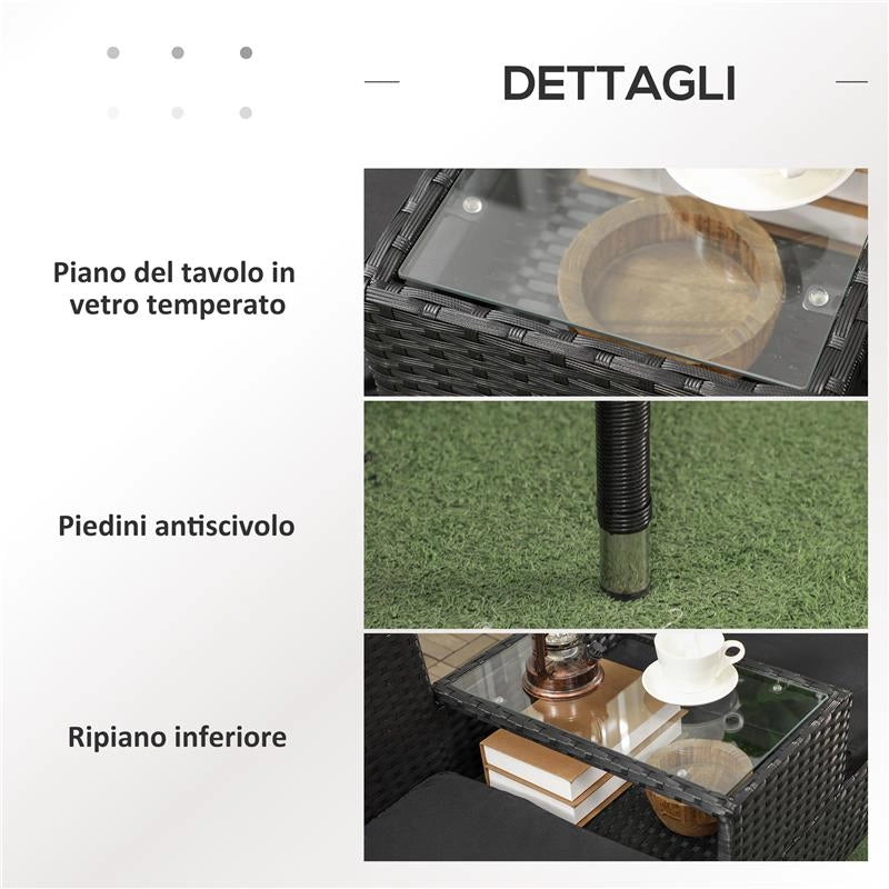 DIVANETTO PER ESTERNI 2 POSTI CON TAVOLINO DA CAFFÈ IN ACCIAIO E RATTAN PE 137X59X82 CM NERO