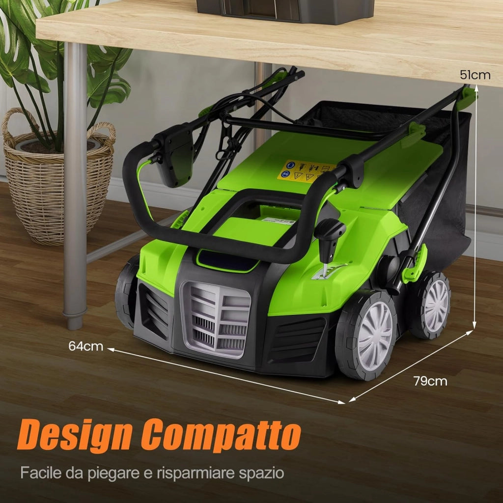 2 in 1 Scarificatore Elettrico, 40 cm, 2000W, 3500rpm, Erbicida Pieghevole con Sacca di Raccolta da 55L, Regolazione Profondità 5 Livelli, Adatto Prato 800 ㎡ (Verde)