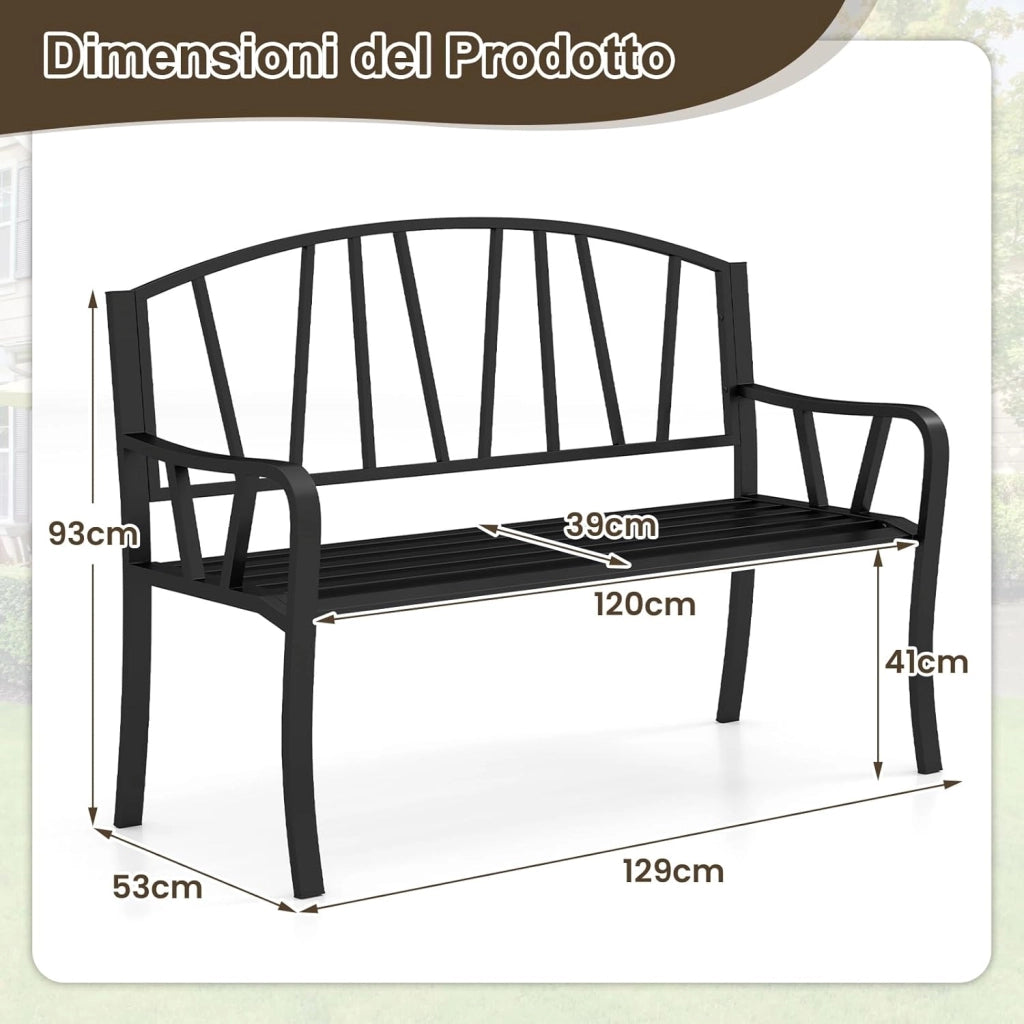 Panchina da Giardino in Metallo da 129 cm, Panchina con Doghe per 2-3 Persone, Loveseat in Stile Parco con Braccioli Curvati, Seduta Resistente per Esterno per Giardino, Piscina, Veranda