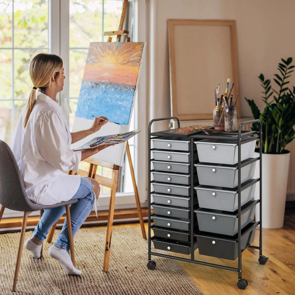 Carrelli Porta Oggetti, con 10+5 Cassetti Impilabili, 2 Ruote Bloccabili, Braccioli Metallici, Portabile e Pratico, per Ufficio, Studio, Cucina,Bagno, 5 Colori Disponibili, 62,5x37x87 cm