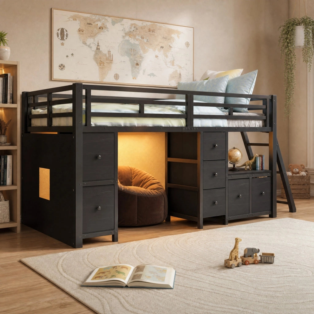 Letto a soppalco basso 90x200 cm con 7 cassetti; LED e area gioco nero