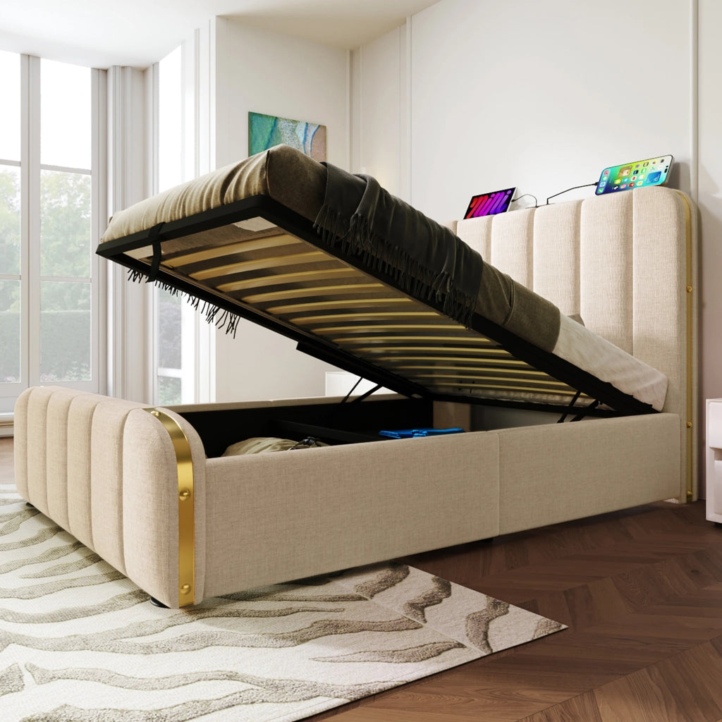LETTO Contenitore 90x200 cm in Lino Beige con USB Type-C