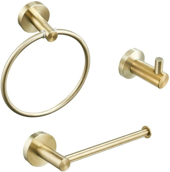 Set di accessori da bagno, asse per asciugamano, anello per asciugamano, contenitore per carta igienica, set di attrezzi in ottone e oro a 3 pezzi per la bagno, fissaggio alla parete, costruzione in acciaio inossidabile