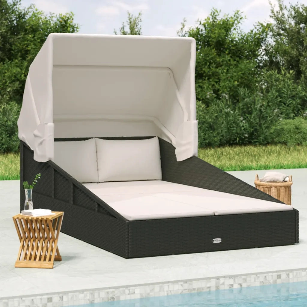 Lettino con Tettuccio Pieghevole Nero 200x114x128 cm Polyrattan 362273