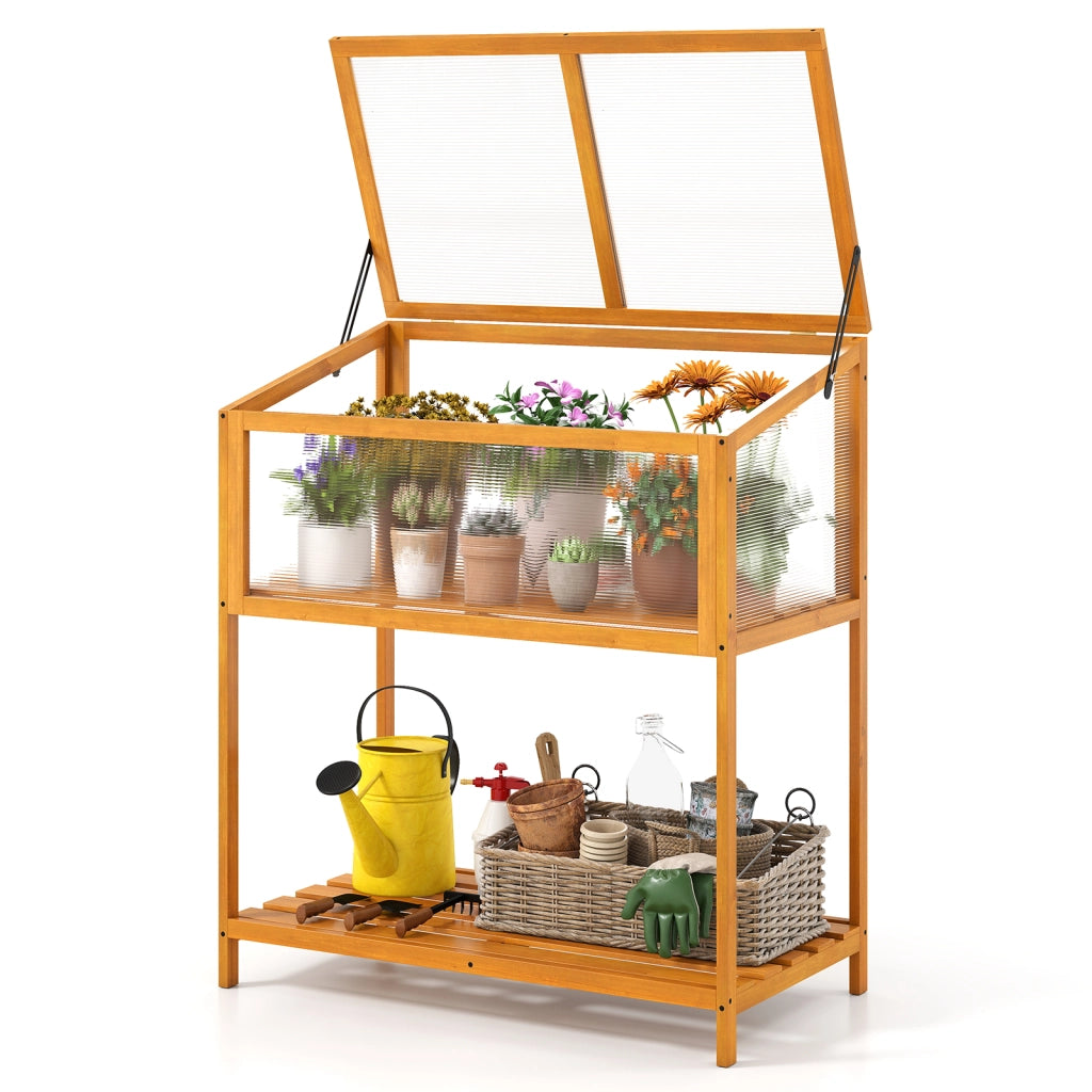Mini serra legno fioriera rialzata tetto trasparente apribile mensola a doghe, Serra salvaspazio interno esterno giardino veranda balcone 90x50,5x105cm