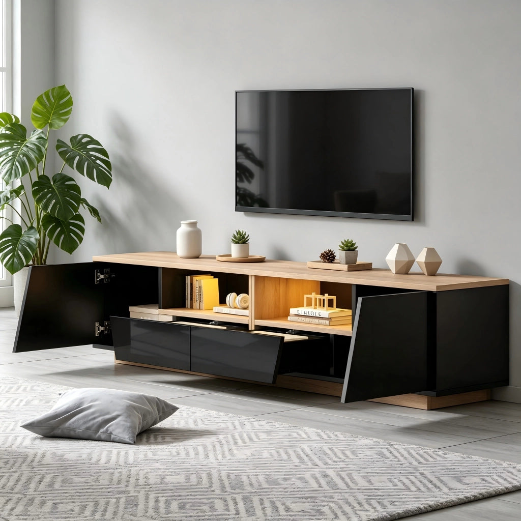 Mobile porta TV con LED 2 ante 2 cassetti e 2 vani semiaperti frontale lucido per soggiorno nero 180 × 40 × 46 cm