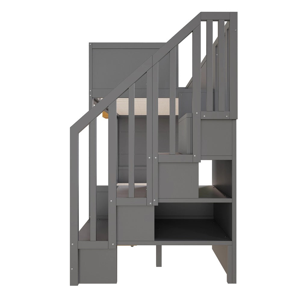 Letto a castello per bambini - Zephmum- Con cassetti, scrivania, motivo stelle, 90x200 cm, legno di pino, grigio