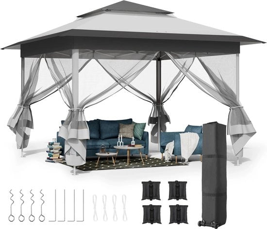 Tenda da Giardino Opvouabile - 3m x 3m - Pergola con Sostegni da Campeggio e 4 Pareti con Klamboe - Doppio Tetto - Grigio
