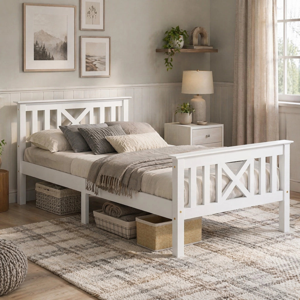 Letto singolo in legno massello bianco 90x200 cm con testiera a X e rete a doghe