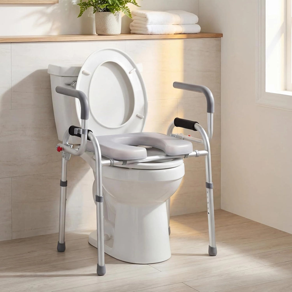 Ringhiera di Sicurezza per WC Portata 136 kg, Barra Bagno con Braccioli Pieghevoli e Supporto Laterale per Doccino, Altezza Regolabile da 49 a 59 cm, Rialzo WC per Anziani e Donne Incinte