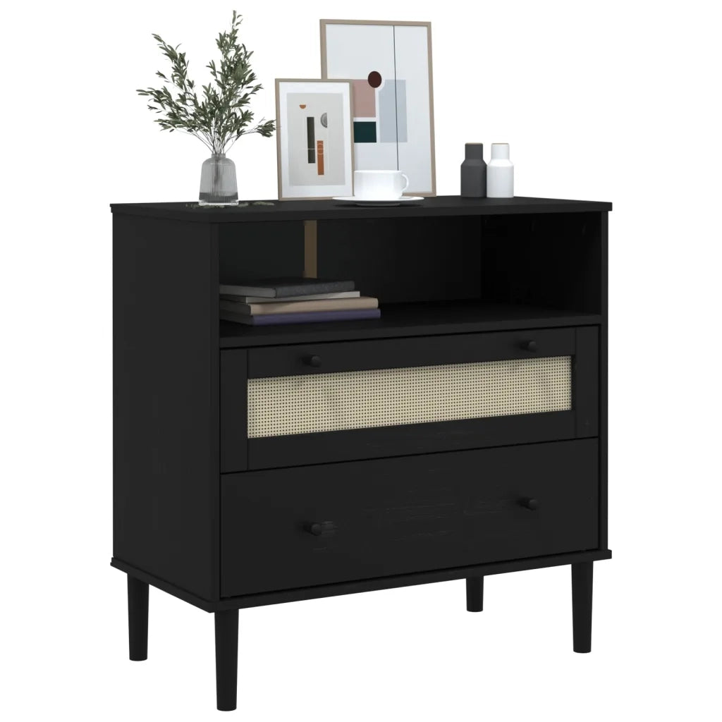 Credenza-Buffet-Armadio da cucina SENJA Aspetto Rattan Nero 80x40x80 cm Massello Pino