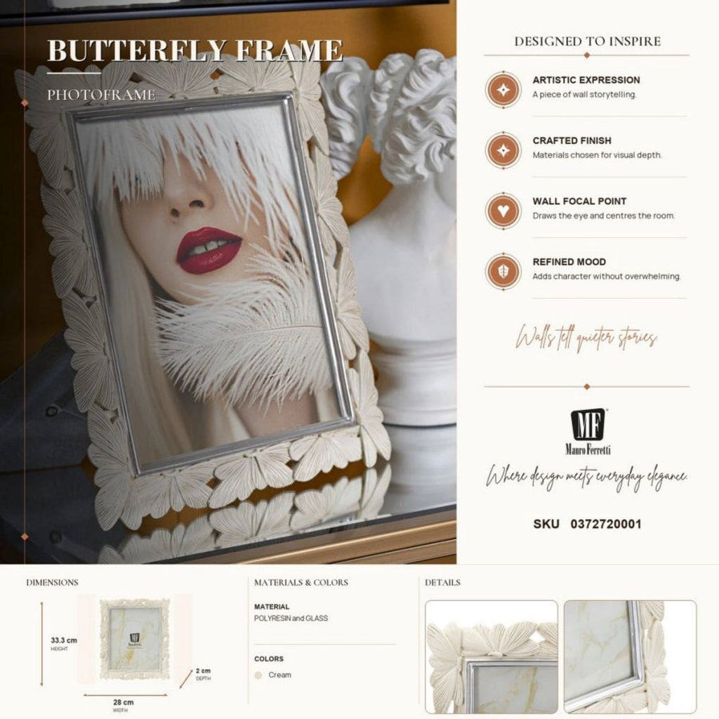 Cornice portafoto Butterfly in resina crema con farfalle e profili argento 20x25