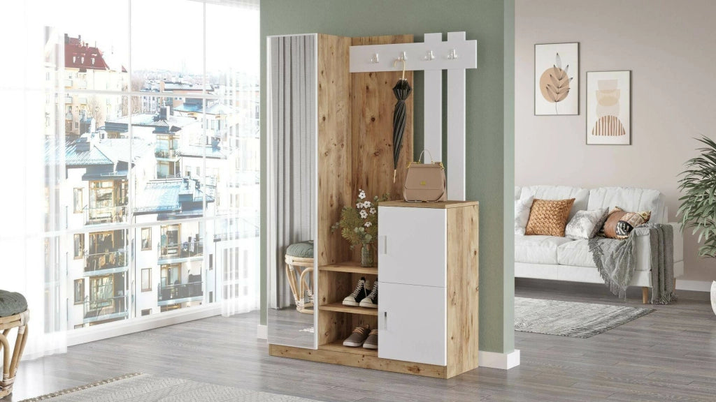 Mobile da ingresso Arco, Entratina appendiabiti, Composizione per atrio, Consolle portaoggetti multifunzione, 114x38h180 cm, Quercia e Bianco