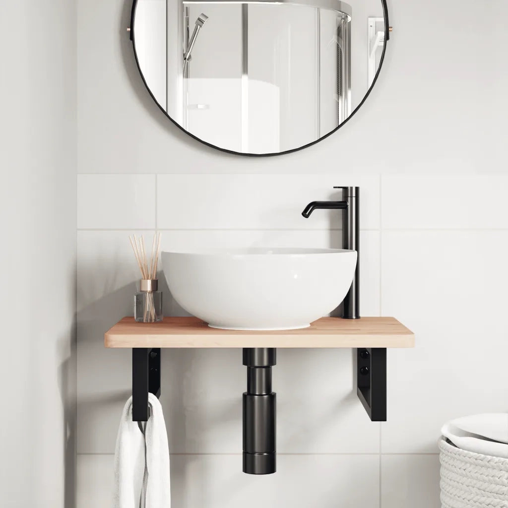 Ripiano a Parete per Lavabo in Acciaio e Massello di Faggio