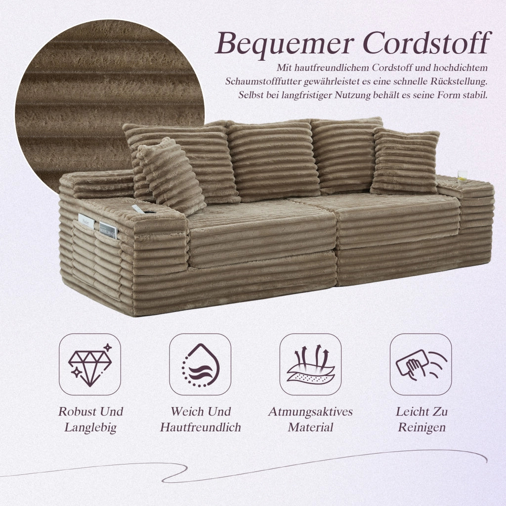 Divano letto componibile in tessuto a coste con schienale alto, cuscini, tasche laterali e portabicchieri, khaki