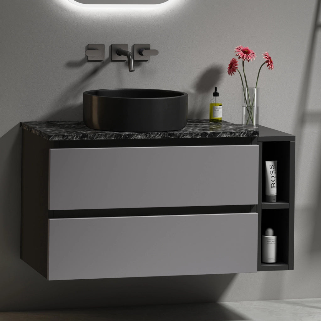 Mobile bagno ULEVR con lavabo rotondo nero in ceramica, cassetti e vano aperto, MDF nero e grigio
