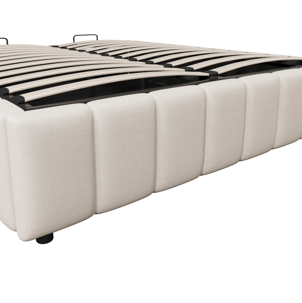 Letto imbottito 140x200 cm con contenitore idraulico, senza testata, beige