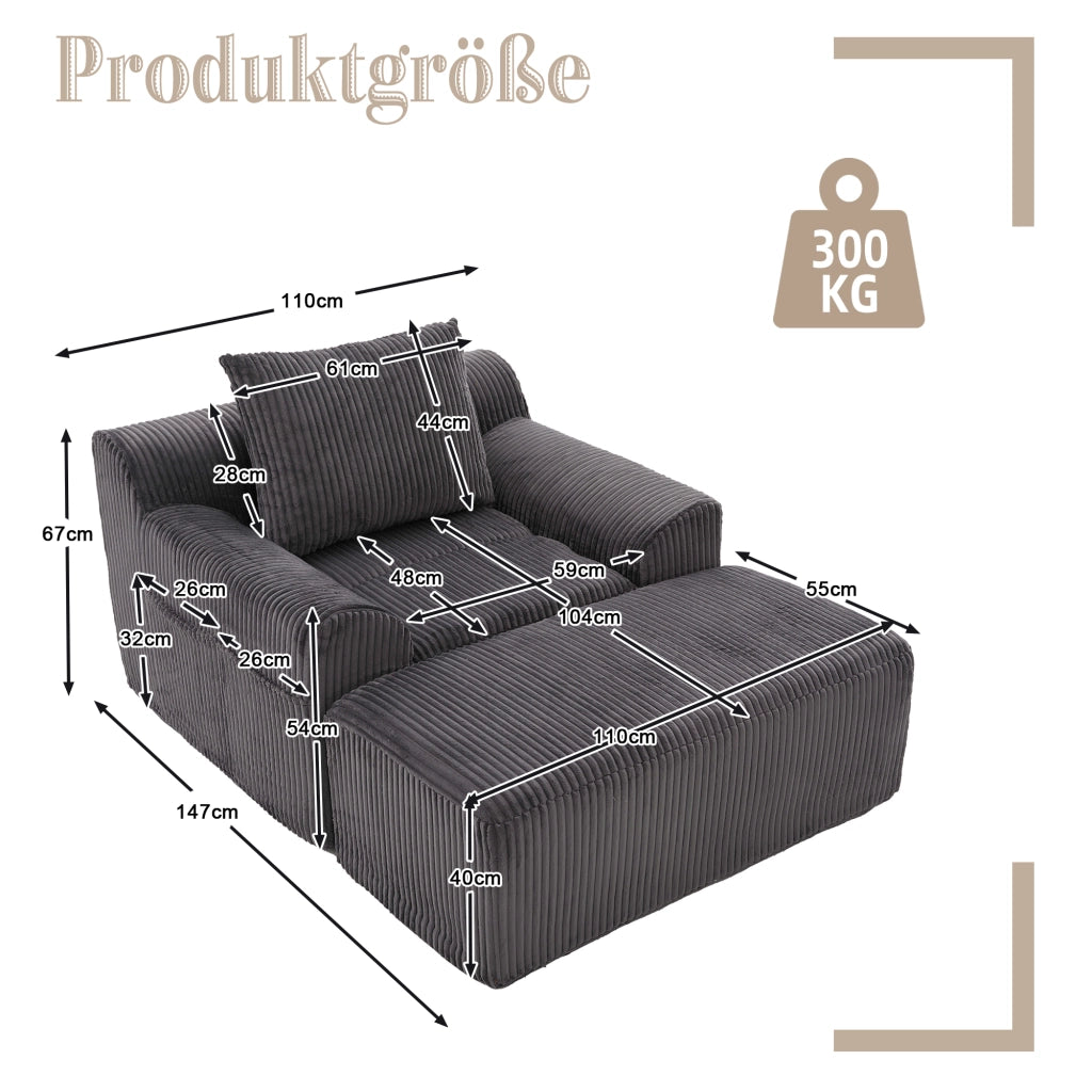 OKWISH Poltrona con Poggiapiedi, Seduta Profonda con Tasche Laterali, Design Minimalista, Velluto a Coste Grigio Scuro