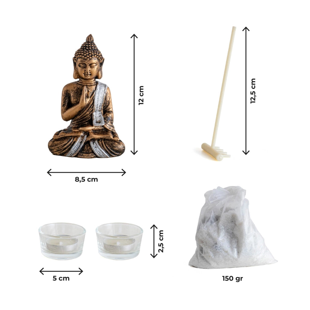 Giardino Zen da Tavolo con Statua Buddha, Sabbia, Sassi e Rastrello – Kit Decorativo Relax e Meditazione, Portacandele Tealight in Vetro Quadrato
