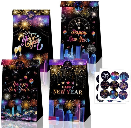 Borse di Regalo 12 Pezzi - Tazze di Carta - Feste - Notte di San Silvestro - Capodanno - Etichette di Sigillatura 18 Pezzi - Borse di Festa